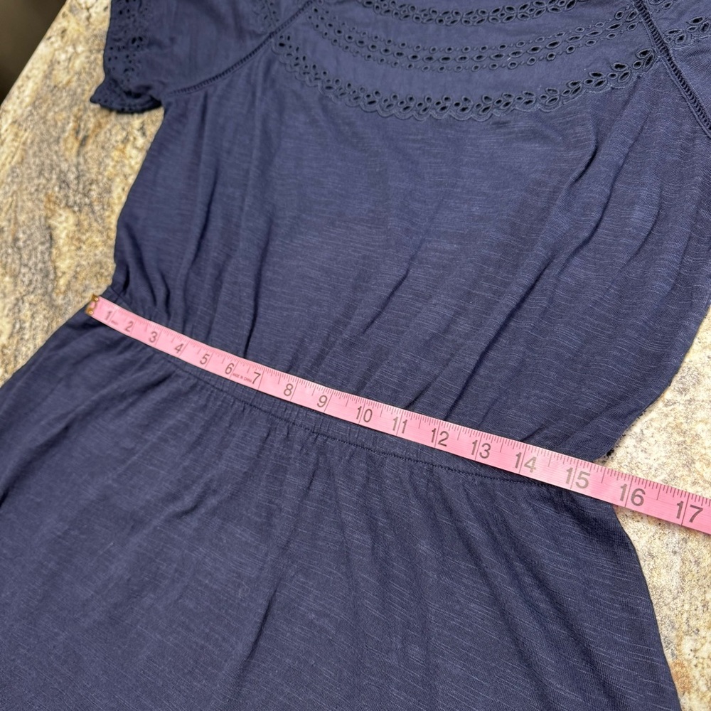 Talbots Navy Blue Eyelet Lace Detail Midi SS Slub Knot Cotton Dress Size Medium - Picture 4 of 8